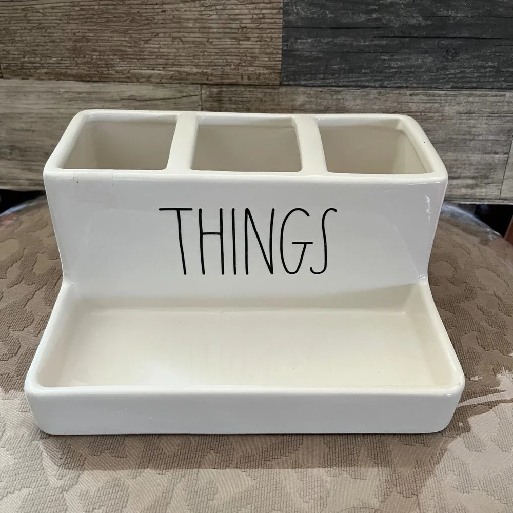 Rae Dunn THINGS Ceramic Desk Organizer Vanity Tray Cream White Magenta Farmhouse